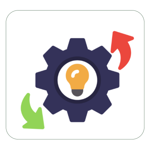 A gearwheel with a light bulb in the center, symbolizing sustainable practices and innovation